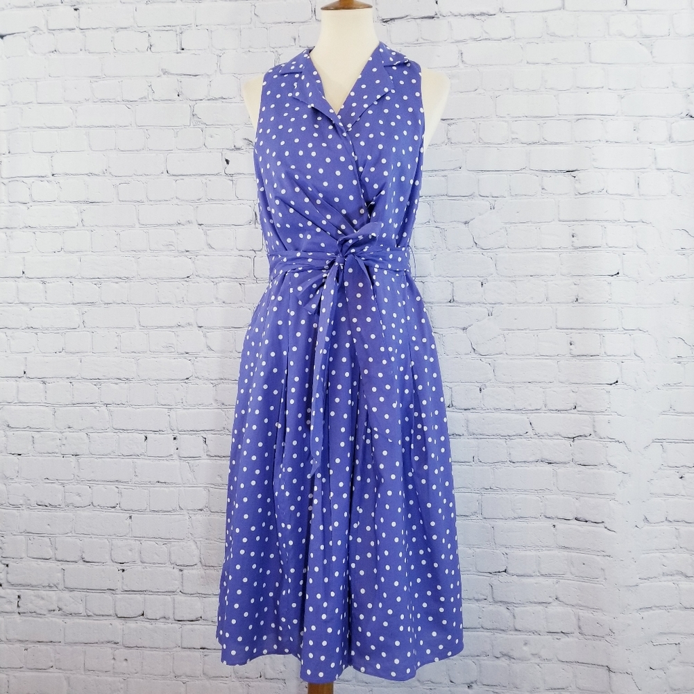 Evan Picone Purple Polka Dot Sleeveless Tie-Waist Dress